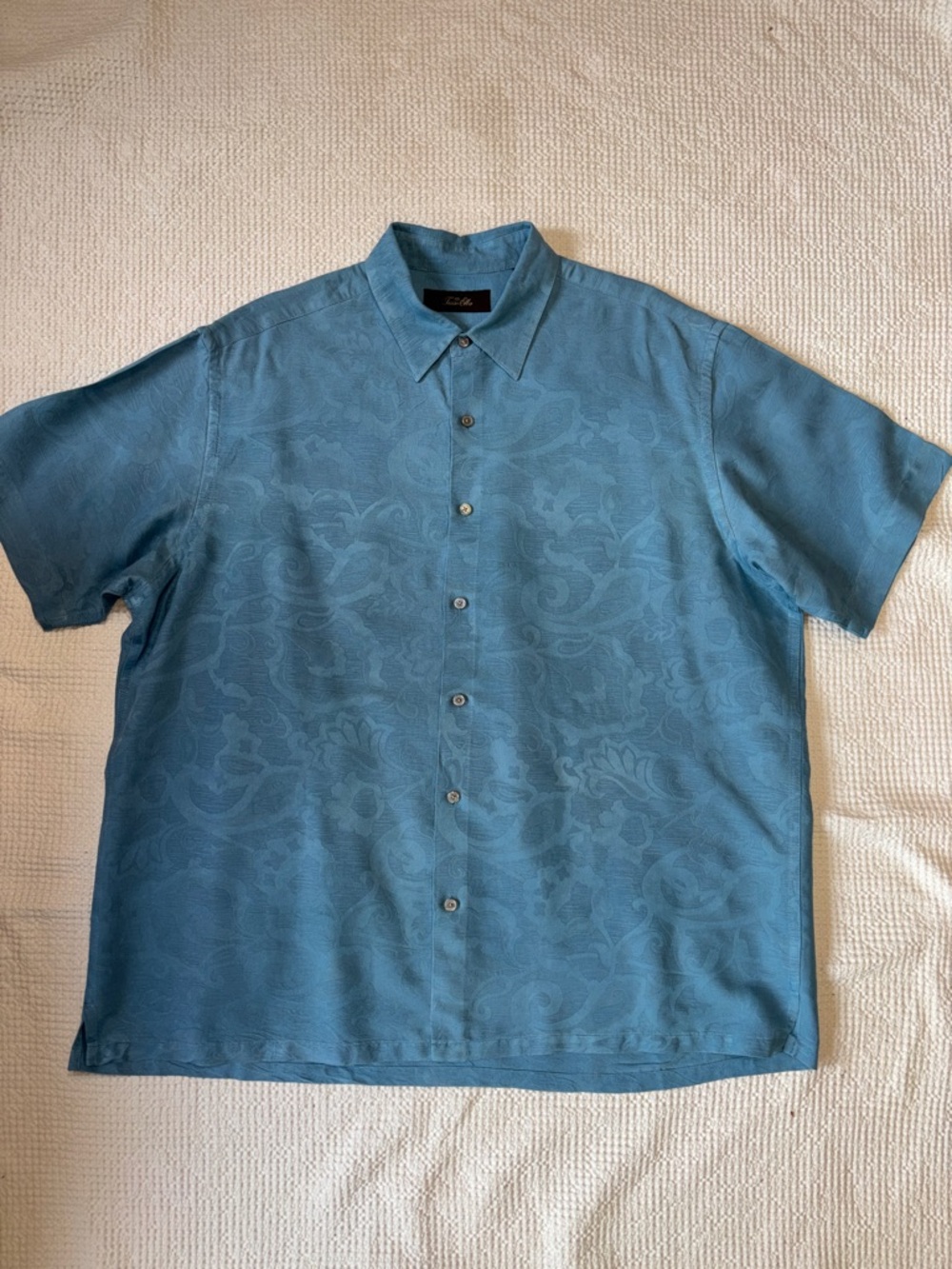 Tasso Elba Teal Floral Paisley Jacquard Short-Sleeve Button-Down Shirt, Large
